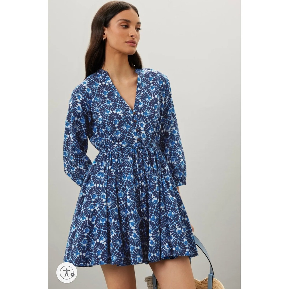 Xirena Jennings Dress Blue White‎ Print Mini V Neck 3/4 Sleeve Cotton Sz XS